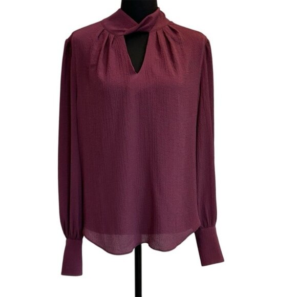 RW&CO Maroon Burgundy pleated Twisted-Mockneck peephole Blouse long sleeve Sz M - Picture 1 of 11